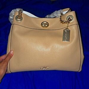 Brand New Tan Pebble Turnlock Edie Coach Bag